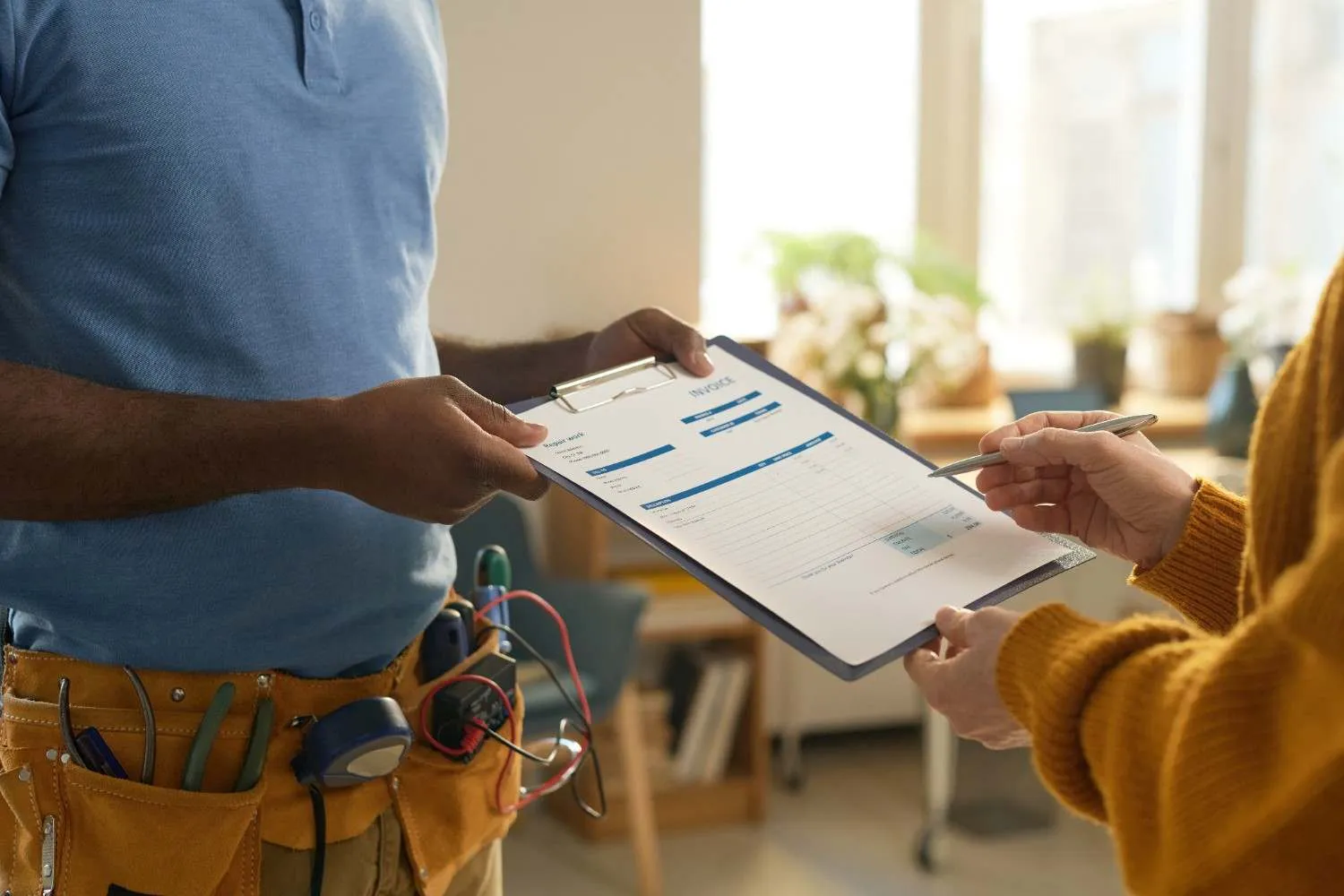 Technician showing a homeowner a service form on a clipboard